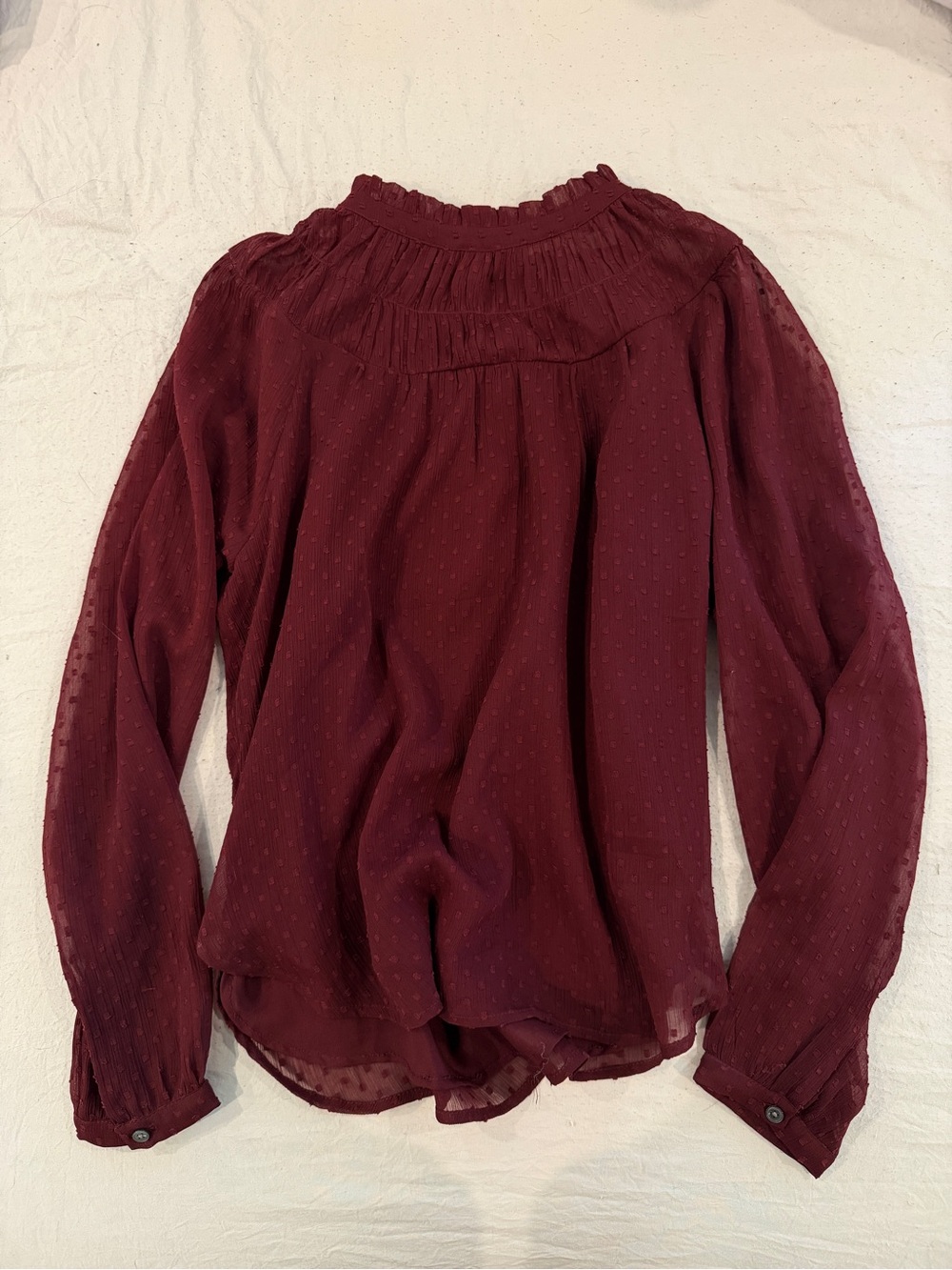 LOFT Burgundy Ruffled Yoke Long-Sleeve Blouse